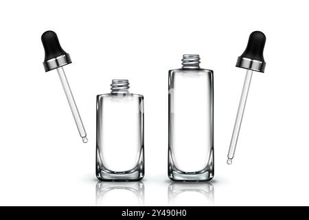 Maquettes de bouteille compte-gouttes ensemble isolé sur fond blanc. Illustration réaliste vectorielle de flacons en verre ou en plastique avec pipette pour le sérum cosmétique, l'huile, l'essence, les yeux ou le paquet de substance de soin de la peau du visage Illustration de Vecteur