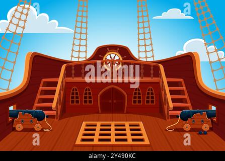 Pont arrière de bateau pirate avec volant et canons. Panneau de frégate Vector corsair avec roue en bois, canons et gréement contre le ciel bleu vif, respire l'aventure, l'histoire maritime et l'ambiance de piraterie Illustration de Vecteur