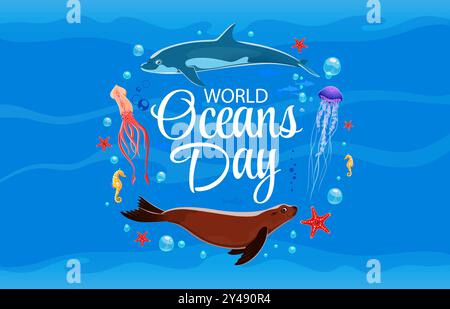 Bannière de la journée mondiale des océans avec des dauphins, des phoques et des animaux marins. Vecteur de sensibilisation à l'environnement et à la conservation avec des créatures marines de paysage sous-marin et de dessin animé comme l'hippocampe, l'étoile de mer et la méduse Illustration de Vecteur
