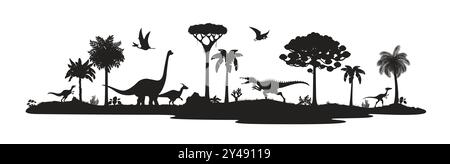 Silhouettes de dinosaures préhistoriques. Scène panoramique noire vectorielle isolée du paysage de l'ère jurassique avec l'ombre des espèces de dinosaures, les ptérosaures volants et les sauropodes imposants, les arbres exotiques et le terrain accidenté Illustration de Vecteur