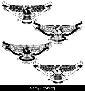 Conception vectorielle du symbole Faravahar, symbole de la religion zoroastrienne, disque ailé avec la terre de planète et le ruban Illustration de Vecteur