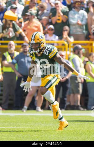 Green Bay, WI, États-Unis. 15 septembre 2024. Le cornerback des Packers de Green Bay Jaire Alexander (23 ans) prend le terrain avant le match contre les Colts d'Indianapolis à Green Bay, WI. Kirsten Schmitt/Cal Sport Media. Crédit : csm/Alamy Live News Banque D'Images