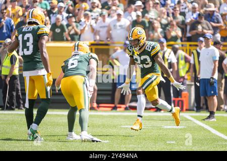 Green Bay, WI, États-Unis. 15 septembre 2024. Le cornerback des Packers de Green Bay Jaire Alexander (23 ans) prend le terrain avant le match contre les Colts d'Indianapolis à Green Bay, WI. Kirsten Schmitt/Cal Sport Media. Crédit : csm/Alamy Live News Banque D'Images