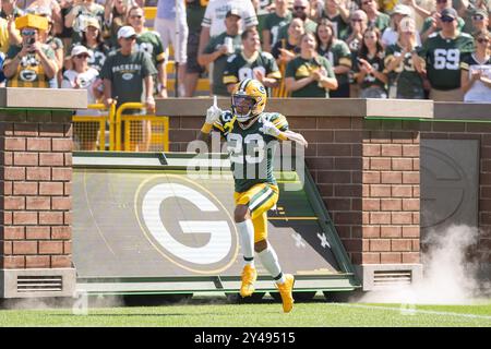 Green Bay, WI, États-Unis. 15 septembre 2024. Le cornerback des Packers de Green Bay Jaire Alexander (23 ans) prend le terrain avant le match contre les Colts d'Indianapolis à Green Bay, WI. Kirsten Schmitt/Cal Sport Media. Crédit : csm/Alamy Live News Banque D'Images