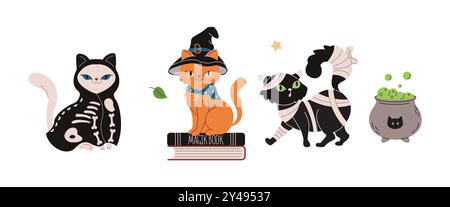 Chats effrayants sur l'ensemble de personnages vectoriels plats de partie d'Halloween Illustration de Vecteur