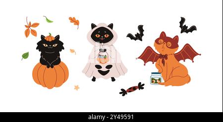 Icônes colorées de caractères vectoriels de couleur plate de chats d'Halloween Illustration de Vecteur