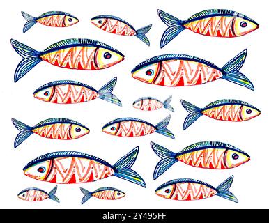 Ensemble de poissons de différentes tailles sur un fond blanc. Dessin aquarelle. Couleurs rouge, jaune, bleu. Illustrations stylisées. Dessiné avec des lignes et des ornements. Ils regardent dans des directions différentes. Banque D'Images