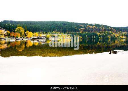 Vue sur le Titisee près de Titisee-Neustadt dans la Forêt Noire et la nature environnante. Paysage au bord du lac en automne. Banque D'Images