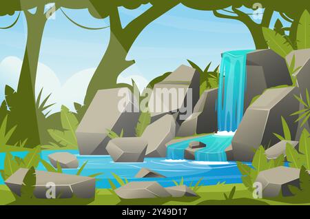 Paysage de cascade de dessin animé. Fond de jungle avec cascade de rivière coule vers le bas des rochers. Zone naturelle. L'eau coule dans les montagnes. Ruisseaux Creek. Pittoresque Illustration de Vecteur