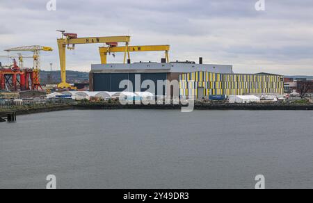 Belfast, Royaume-Uni. 16 septembre 2024 : le chantier naval Harland & Wolff, constructeur du Titanic, entre dans l'administration, une procédure d'insolvabilité britannique, pour 2 jours en 5 ans. Depuis sa création en 1861, 2 000 navires, navires offshore ou structures métalliques ont vu le jour dans les chantiers navals H&W. La construction navale et la réparation navale ont été une partie importante de l'histoire industrielle portuaire de l'Irlande du Nord. Récemment, la célèbre société a subi des retards sur Odyssey, le navire résidentiel de Villa vie Residences, attendant des mois pour commencer une croisière sans fin, faisant le tour tous les 3,5 ans. Crédit : Kevin Izorce/Alamy Live News Banque D'Images