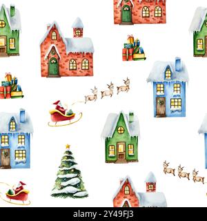 Modèle sans couture avec des maisons enneigées d'hiver. Santa Claus chevauchant dans un traîneau rouge avec sac de cadeaux. Arbre de Noël, aquarelle peinte à la main illustra Banque D'Images