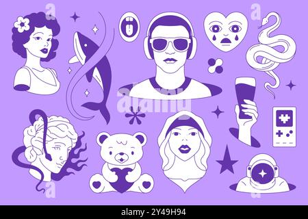 Y2K minimaliste psychédélique rétro groovy ligne comique icône set vecteur plat illustration. Surréaliste funky hype femme nonne coeur grec sculpture astronaute wha Illustration de Vecteur