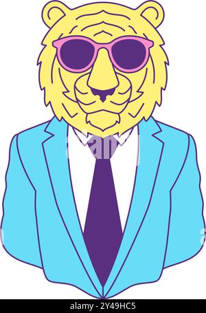 Y2K comique tigre homme d'affaires dans des lunettes de soleil contemporain pop art profilé icône vecteur plat illustration. Animal sauvage de prédateur félin de dessin animé funky Illustration de Vecteur
