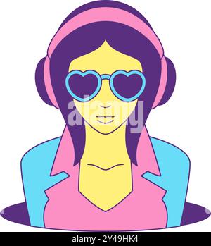 Y2K teen girl dans les écouteurs lunettes de soleil de coeur dans le trou comique contour icône vectorielle illustration plate. Cyber adolescente soirée musicale DJ psychédélique Illustration de Vecteur