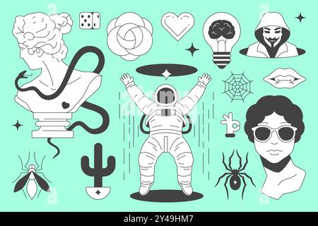 Y2K psychédélique rétro groovy icône de ligne noire futuriste concept pop art contemporain ensemble vecteur plat illustration. Monument de sculpture grecque minimale AS Illustration de Vecteur