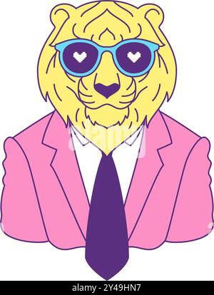 Y2K funky tigre homme d'affaires dans le coeur lunettes de soleil contemporain pop art profilé icône vecteur plat illustration. Chef d'entreprise d'animaux sauvages comique dans PIN Illustration de Vecteur