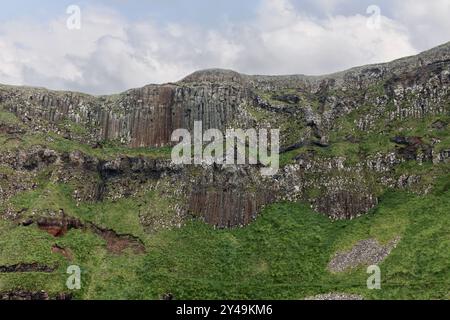 Cet amphithéâtre de colonnes de basalte hexagonales de la chaussée des géants révèle des couches de roche volcanique formées il y a des millions d'années, encadrées par une végétation verte Banque D'Images