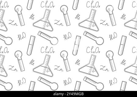 Modèle homogène d'outils de laboratoire de chimie, y compris des flacons, des thermomètres et des formules. Parfait pour les livres de coloriage et les projets éducatifs. Illustration de Vecteur