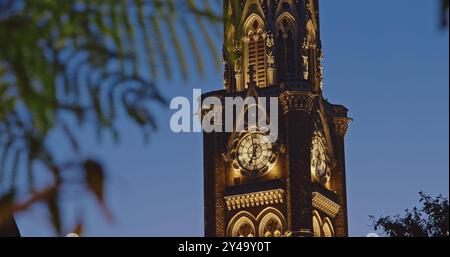 Vue rapprochée sur la tour de l'horloge Rajabai dans l'illumination du soir. Tour de l'horloge à Mumbai Inde. Confins du Fort Campus de l'Université de Mumbai. Il tient debout Banque D'Images