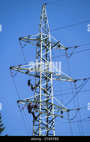 Temny Dul, Trutnov. 17 septembre 2024. Des ingénieurs en électricité réparent des lignes électriques endommagées à Temny Dul, Trutnov, région de Hradec Kralove, le 17 septembre 2024. Crédit : David Tanecek/CTK photo/Alamy Live News Banque D'Images