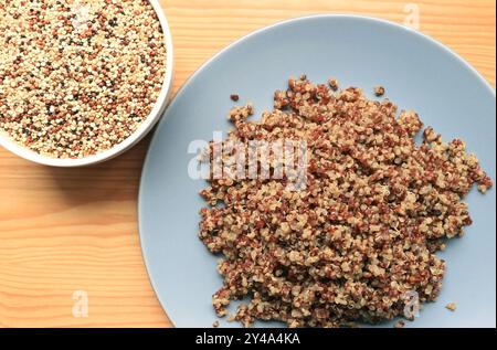 Assiette de délicieux quinoa tricolore bouilli avec un bol de graines saines et non cuites qui ont également cultivé dans les Highlands du nord de la Thaïlande Banque D'Images