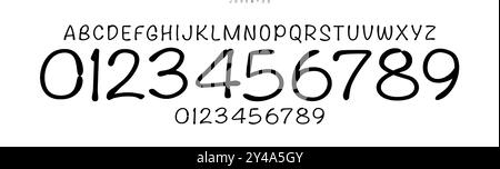 Police sans serif manuscrite ludique, chiffres et lettres décontractés originaux pour les livres pour enfants, marque sportive amicale, numéros de maillot, articles d'équipe Illustration de Vecteur