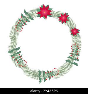 Couronne de Noël faite de branches de sapin, avec des fleurs rouges et des baies rouges, avec une place pour le texte. Illustration vectorielle plate. Illustration de Vecteur