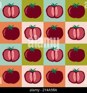 Motif sans couture dessiné à la main avec tomates entières et coupées en deux sur fond de carreaux en rouge bleu vert. Cuisine de légumes, récolte agricole, impression végétarienne végétalienne, design pop art biologique mûr pour la nappe à carreaux de papier peint d'emballage alimentaire Banque D'Images