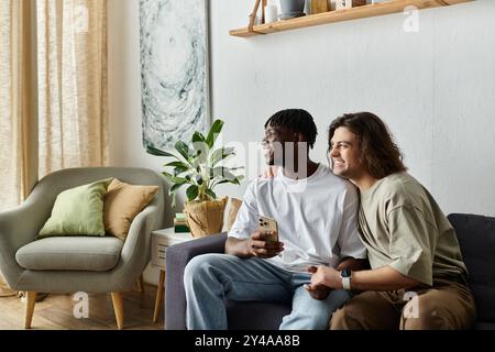 Deux partenaires s'amusent l'un l'autre tout en se relaxant dans leur espace accueillant à la maison. Banque D'Images