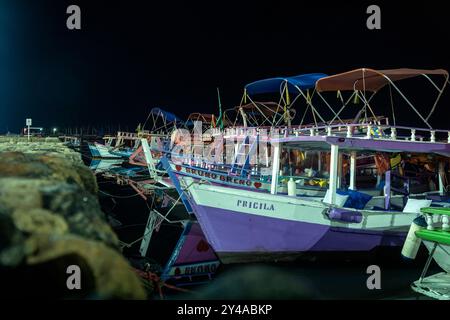 Paraty, Rio de Janeiro, Brésil. Vue nocturne des bateaux de tourisme colorés amarrés dans le port de Paraty, vieille ville coloniale. Banque D'Images