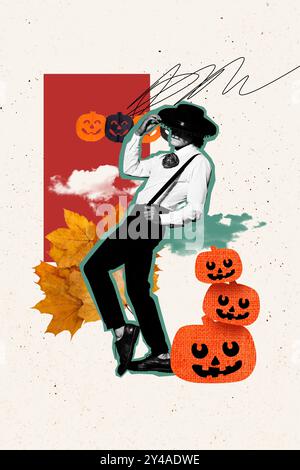 Collage photo vertical de mort caballero homme danse cache face sombrero chapeau citrouille jack face feuilles d'automne sèches isolées sur fond peint Banque D'Images