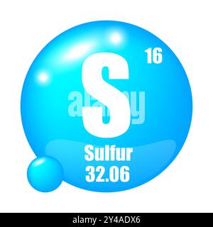 Icône de soufre. Elément S. numéro atomique seize. Masse atomique trente-deux. Illustration de Vecteur