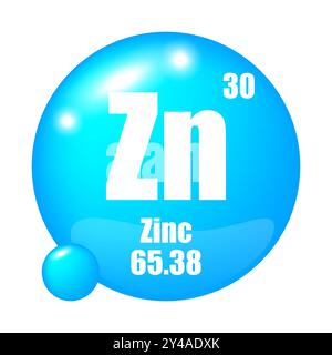 Symbole d'élément zinc. Zn abréviation. Numéro atomique 30. Masse atomique 65.38. Illustration de Vecteur