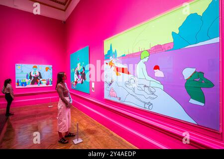 Londres, Royaume-Uni. 17 septembre 2024. Manet's Folies-Bergère, 2023 avec Reconstructing Seurat (Purple), 2004 et d'autres œuvres - l'artiste Michael Craig-Martin dans son exposition personnelle à la Royal Academy of Arts, Londres, qui se déroule du 21 septembre au 10 décembre 2024. Crédit : Guy Bell/Alamy Live News Banque D'Images