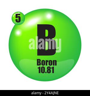 Symbole de l'élément bore. Numéro atomique cinq. Icône verte brillante. Représentation d'éléments chimiques. Illustration de Vecteur