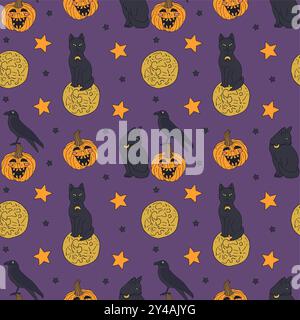 Modèle sans couture avec des chats noirs sorciers d'Halloween dessinés à la main mignons Illustration de Vecteur