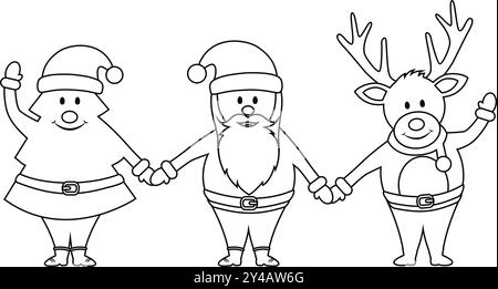 mignon cerf de noël père noël et personnages de sapin coloriage page isolée illustration vectorielle Illustration de Vecteur