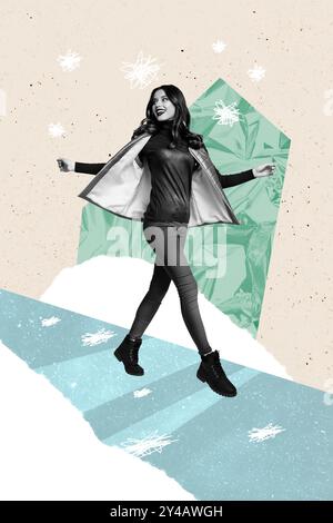 Image de collage d'image de femme charmante joyeuse positive marchant isolée sur fond créatif peint Banque D'Images