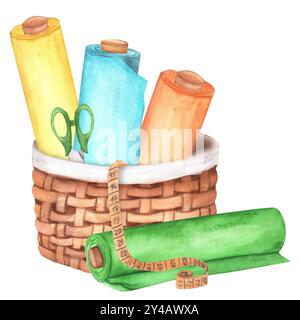 Panier tissé avec rouleaux de tissu, ciseaux et ruban à mesurer. Clipart de couture. Sur mesure. Illustration d'aquarelle dessinée à la main. Banque D'Images