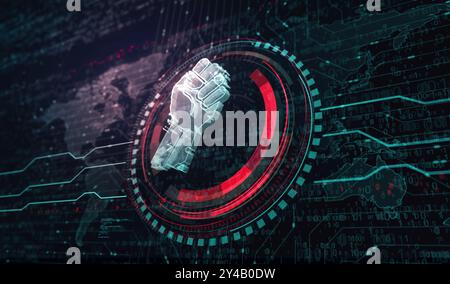 Freedom Fight Revolution avec concept numérique de symbole de poing serré. Illustration 3d abstraite du réseau, de la cybertechnologie et de l'ordinateur. Banque D'Images