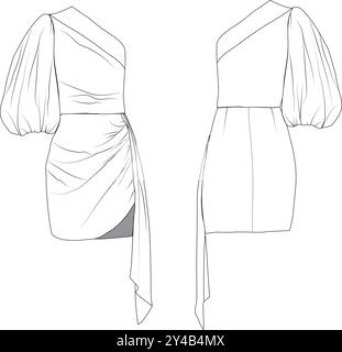 Mini robe à manches ballon asymétrique, dessins techniques de mode, dessin technique de robe, modèles de mode Illustration de Vecteur