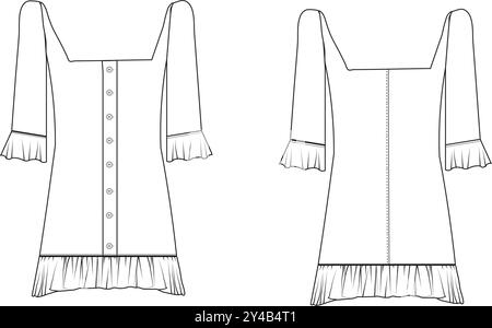robe frilée dessin plat mode dessin technique mode cad croquis mode cad maquette Illustration de Vecteur