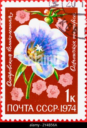 Photo d'un timbre-poste russe kopek illustration d'un Ostrowskia magnifique Ostrowskia magnifica fleurs des prairies alpines d'Asie centrale 1974 Banque D'Images