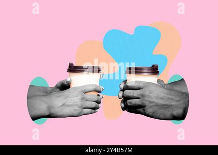 Collage d'image d'esquisse de tendance composite de deux mains tenir des tasses à café toast Cheers conversation amitié connexion sociale Banque D'Images