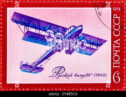 Photo d'un timbre-poste russe Kopek de l'histoire des avions russes 1ère série 1974 Sikorsky 'Russky Vityaz' avion (1913) CCCP URSS Banque D'Images