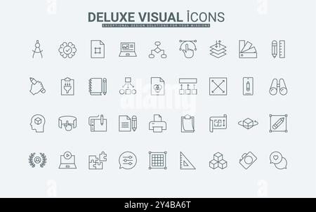 Conception graphique et illustrations, paramètres et options de l'application illustration vectorielle de symboles de contour noir mince. Projet d'art, outils de concepteur et idées de photos numériques et d'icônes de ligne de contenu vidéo. Illustration de Vecteur