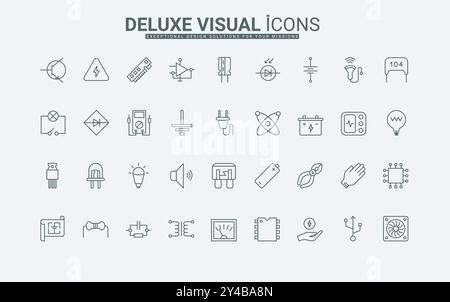 Eléments matériels et circuit, dispositif pour mesurer la tension et le courant mince illustration vectorielle de symboles de contour noir. Composants électroniques, pièces et icônes de ligne d'équipement d'électricien. Illustration de Vecteur
