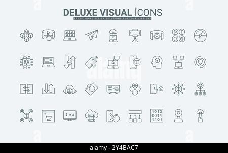 Téléchargement de fichiers trafic, vidéo et chat de médias sociaux symboles de contour noir mince pour illustration vectorielle d'application mobile. La technologie de traitement des données numériques, l'analyse, l'information utilisent des icônes de ligne définies. Illustration de Vecteur
