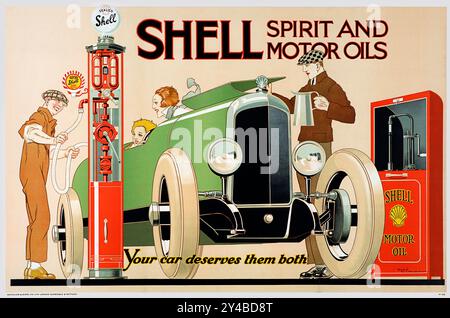 Affiche publicitaire vintage pour Shell Spirit et Motor Oils, Royaume-Uni, par René Vincent présentant une voiture vintage et une pompe à essence, 1926 Banque D'Images