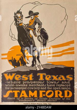 Illustration américaine vintage du Far West avec cheval d'équitation Cowboy avec lasso. Couverture de la brochure marketing de l'ouest du Texas. années 1920 Banque D'Images